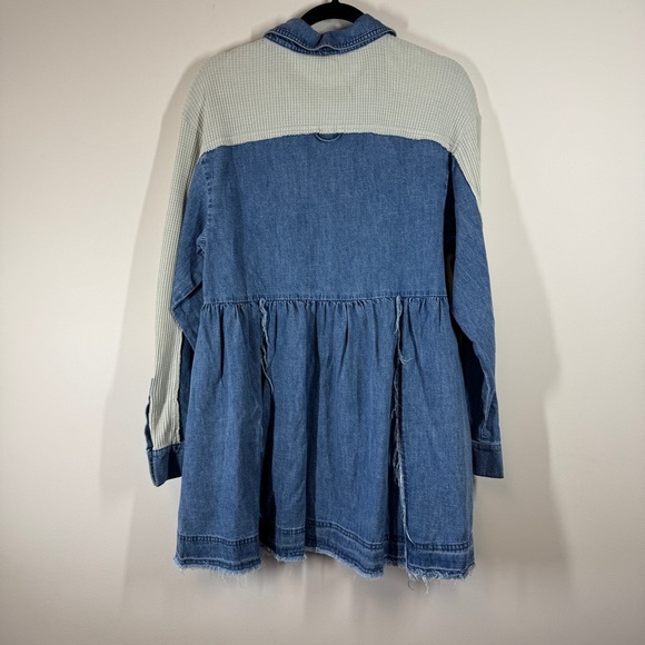 Free People Jean Tunic Dress Blue Beige Button Front Mixed Fabric Size XS - Picture 11 of 16